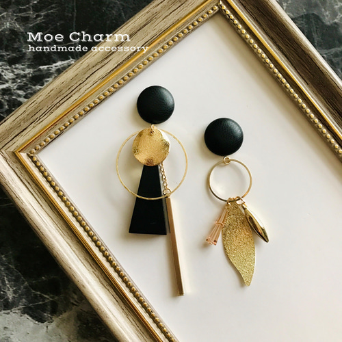 再販】黒レザー✳︎スターダスト ゴールド✳︎黒ウッド アシンメトリー  