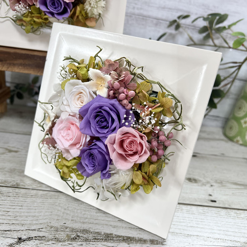 プリザーブドフラワー クリアケース入り ホワイトフレーム 正方形 15