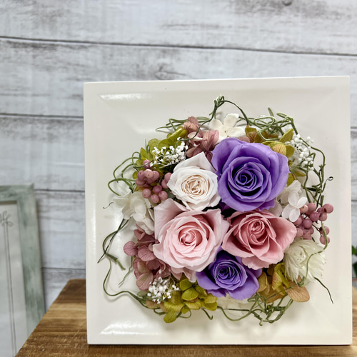 プリザーブドフラワーケーキ ラウンド紫✰ ピンク ギフトケース付き