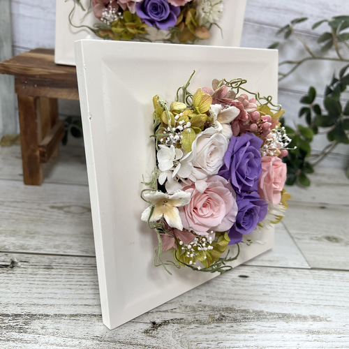 プリザーブドフラワー クリアケース入り ホワイトフレーム 正方形 15