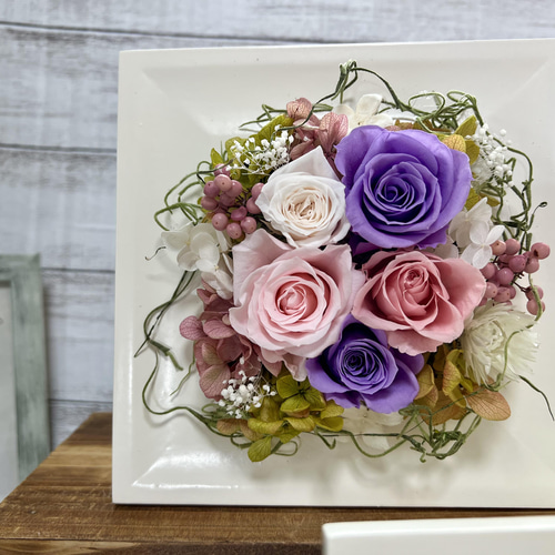 プリザーブドフラワー クリアケース入り ホワイトフレーム 正方形 15