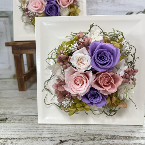 プリザーブドフラワーケーキ ラウンド紫✰ ピンク ギフトケース付き