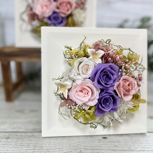 プリザーブドフラワー クリアケース入り ホワイトフレーム 正方形 15