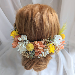 １点物　オレンジソラフラワー成人式　結婚式　プリザーブド髪飾り　ヘアパーツ L4 オレンジ クリア椿 ドライフラワー髪飾り ダブルリボン 水引