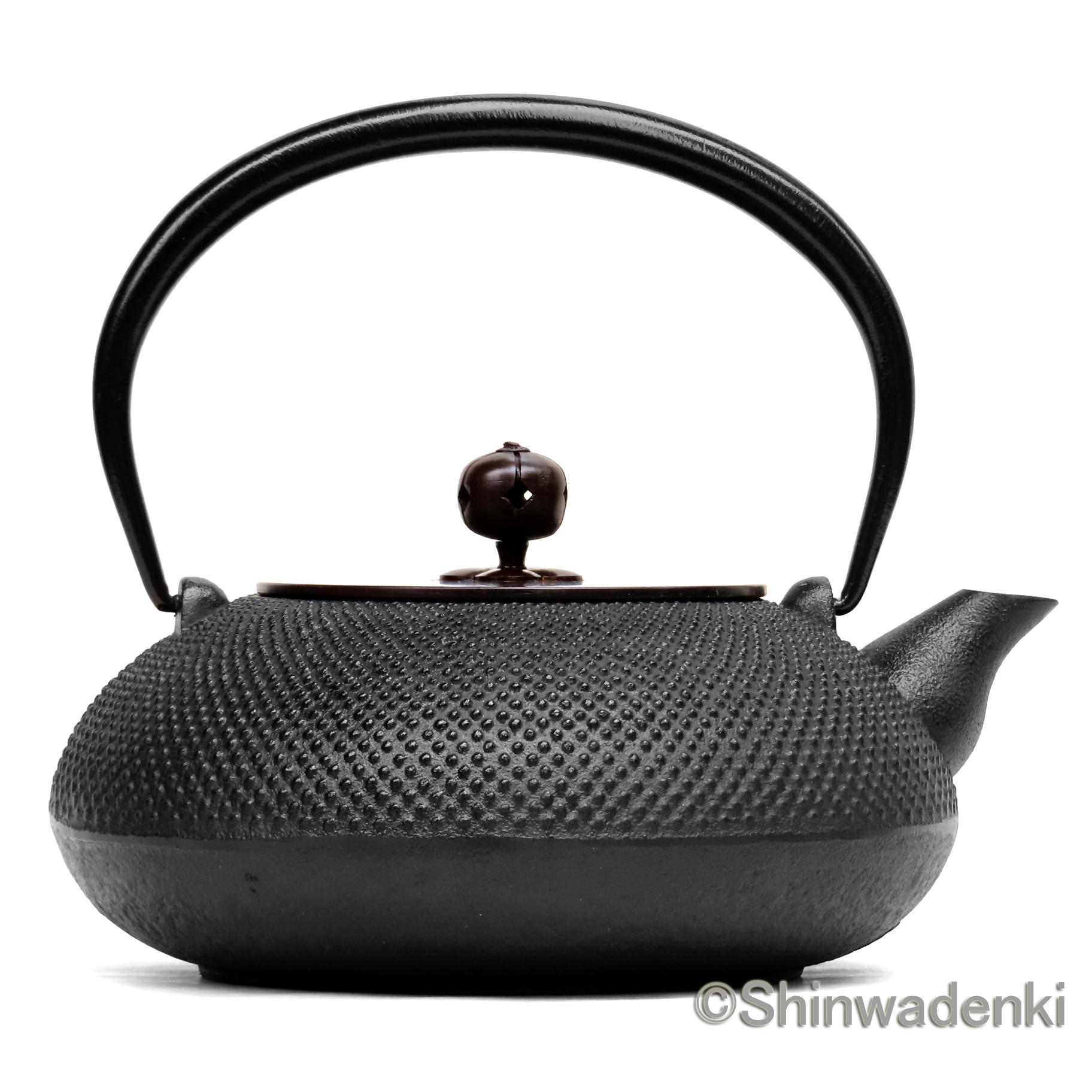 【お取り寄せ】南部鉄器 鉄瓶 平丸アラレ（黒・銅蓋）1.2L 内面素焼き・酸化被膜仕上 日本製 ガス・IH対応