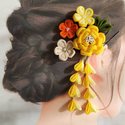 七五三髪飾り・つまみ細工・黄色カメリア&小花セット ヘアピン koa
