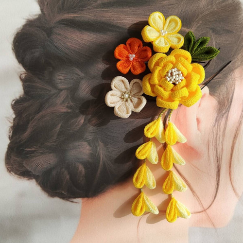 七五三髪飾り・つまみ細工・黄色カメリア&小花セット ヘアピン koa