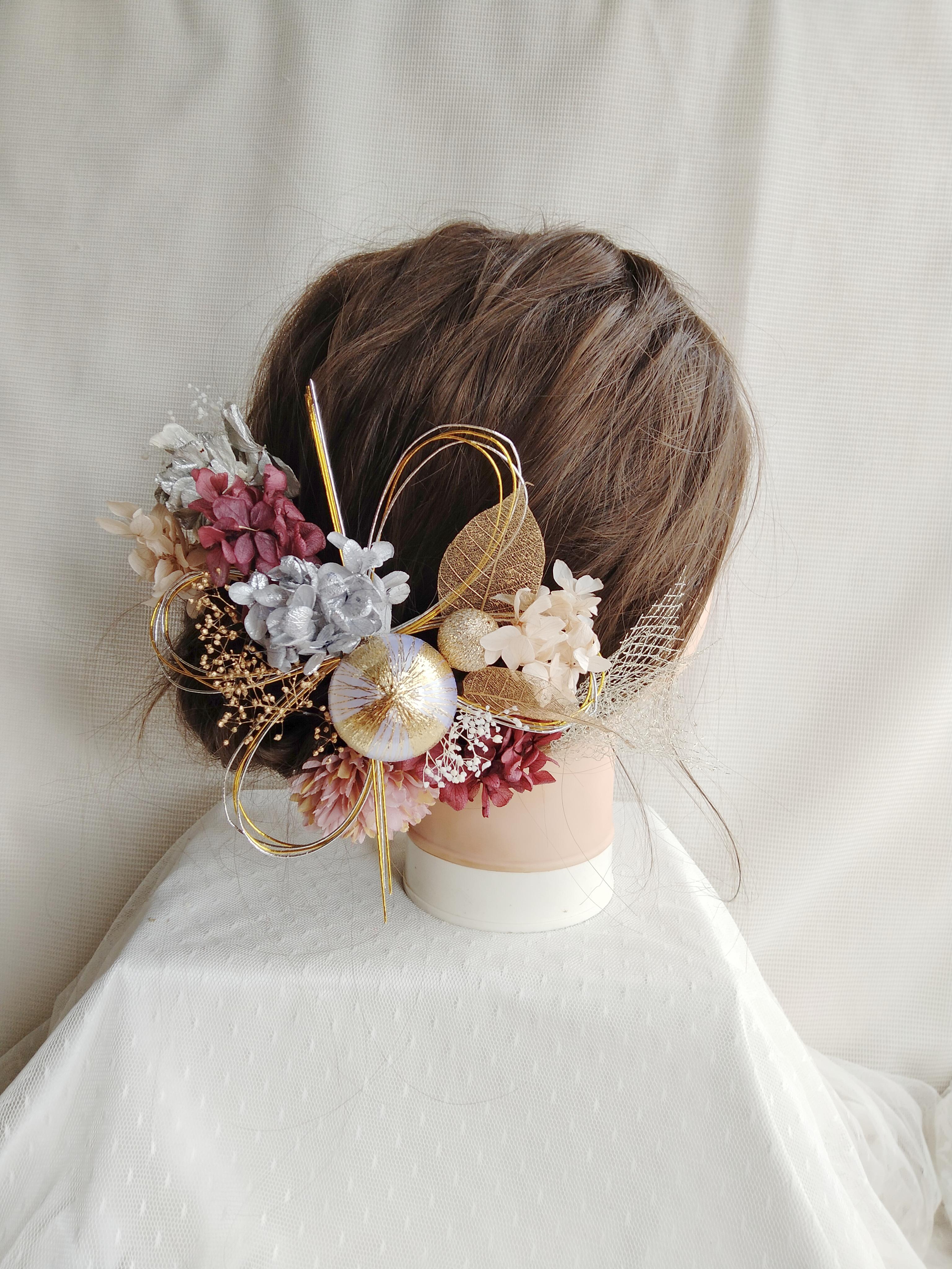 水引き　和玉　髪飾り　卒業式　成人式　結婚式　ドライフラワー　プリザーブドフラワー　水引アレンジ　振袖髪飾り　袴