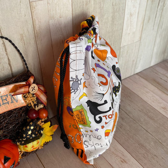 ハロウィンを楽しもう！巾着袋　バイカラー　オレンジ＆ホワイト　裏なし　アメリカンコットン　送料込み 4枚目の画像