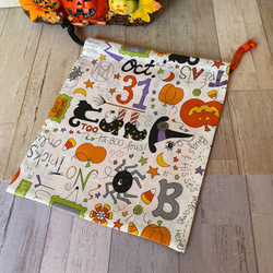 ハロウィンを楽しもう！巾着袋　バイカラー　オレンジ＆ホワイト　裏なし　アメリカンコットン　送料込み 2枚目の画像