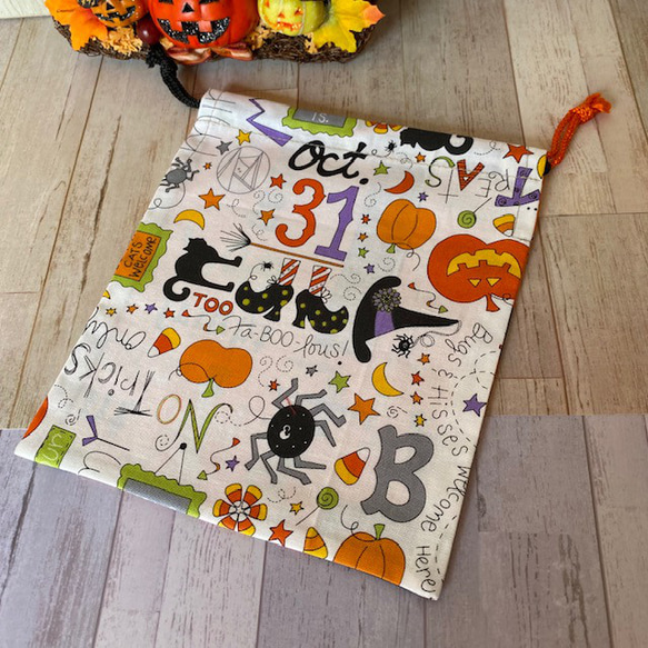 ハロウィンを楽しもう！巾着袋　バイカラー　オレンジ＆ホワイト　裏なし　アメリカンコットン　送料込み 2枚目の画像