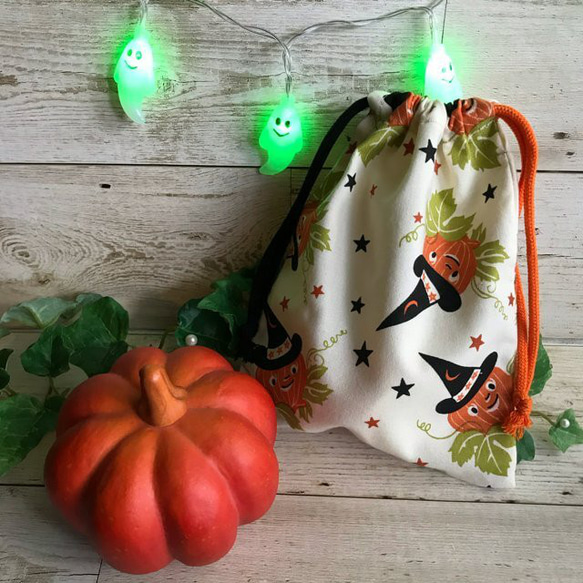 ハロウィンを楽しもう！巾着袋　パンプキン　裏なし　アメリカンコットン　送料込み 2枚目の画像