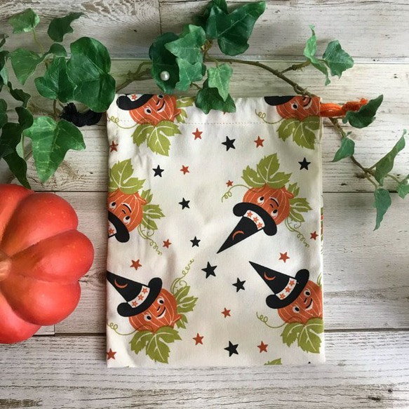 ハロウィンを楽しもう！巾着袋　パンプキン　裏なし　アメリカンコットン　送料込み 1枚目の画像