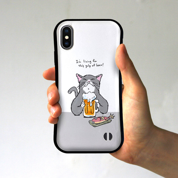 グリップスマホケース　猫がビールで乾杯（ホワイト） 1枚目の画像