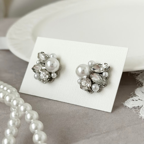 シルバー パール ビジュー ピアス イヤリング 結婚式 お呼ばれ