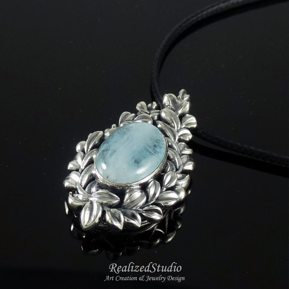 Aquamarine Silver 925 Classic Vine Leaf Fretwork Pendant 3枚目の画像