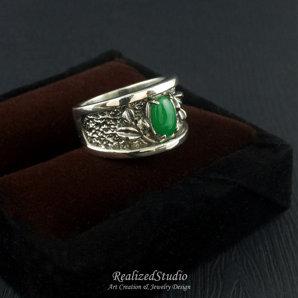 砂岩テクスチャードフィンガーリング - 翡翠カボション S925 スターリングシルバー - Panli Kunling シリーズ