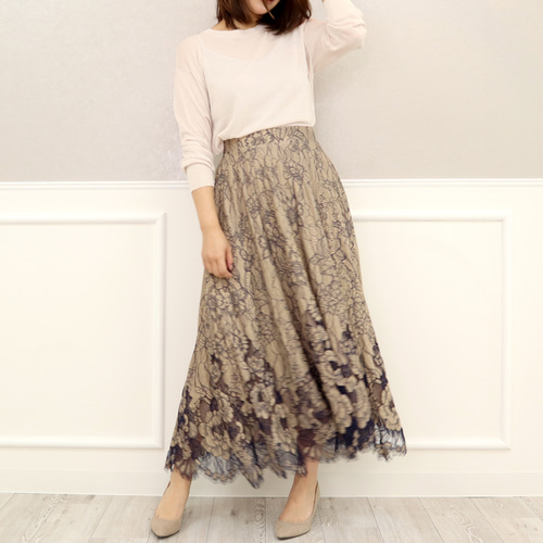 さえら＊ヒスクローネ＊レース ロングスカート＊ベージュ系＊お花＊レース＊フラワー ♡再々々々入荷♡ドローイングフラワーレーススカート（ベージュ
