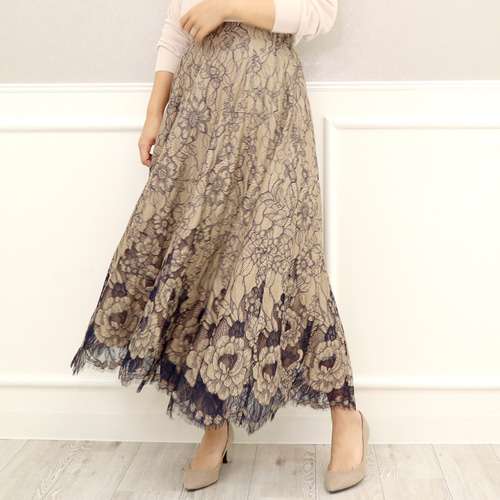 さえら＊ヒスクローネ＊レース ロングスカート＊ベージュ系＊お花＊レース＊フラワー ♡再々々々入荷♡ドローイングフラワーレーススカート（ベージュ