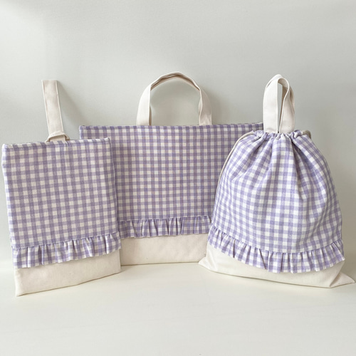 レッスンバッグ シューズ入れ 体操着袋 ハンドメイド グレー ギンガム