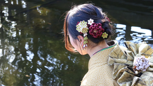 【えんじ】カメリア簪セット ★ つまみ細工 伝統工芸 12枚目の画像