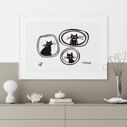 黒ねこのポスター　横型 / i1506 /  ハロウィンの黒猫と魚やねずみ、小鳥　インテリアポスター 5枚目の画像