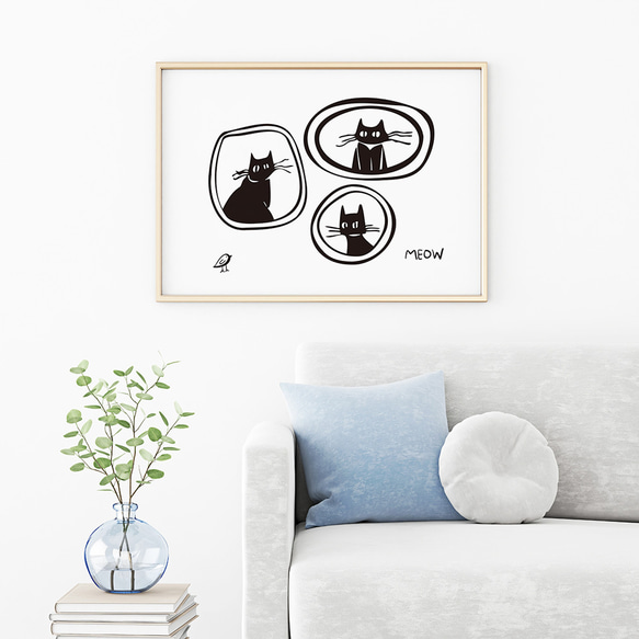 黒ねこのポスター　横型 / i1506 /  ハロウィンの黒猫と魚やねずみ、小鳥　インテリアポスター 3枚目の画像