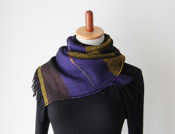 斬新カラーのウール手織りマフラー　三色織り/プレゼント/秋冬カラー/メンズにも 1枚目の画像