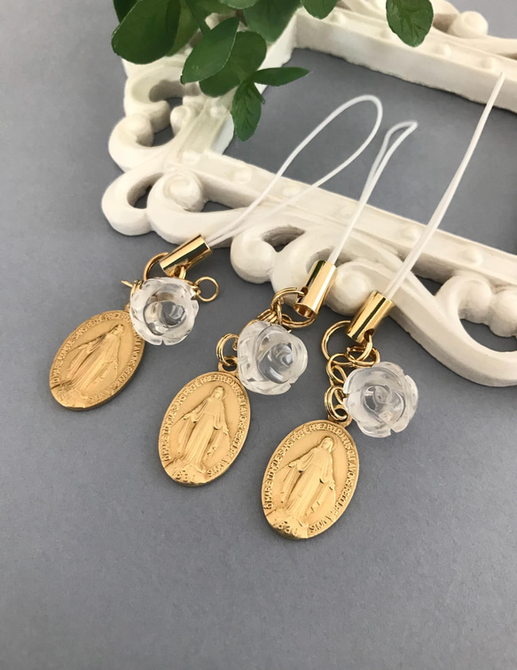 不思議のメダイと天然石水晶の薔薇ストラップ 携帯ストラップ Angelum