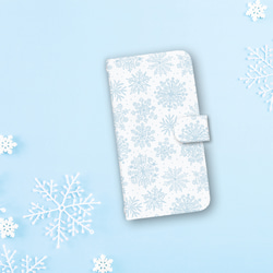 『雪の結晶 ホワイト＆アイスブルー』iPhone14/android 多機種対応 スマホケース 手帳型 北欧 秋冬 2枚目の画像