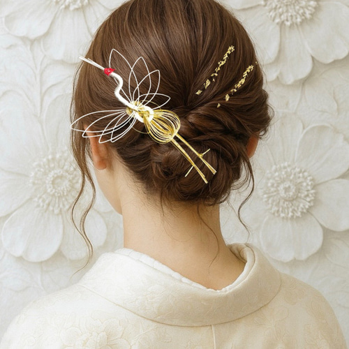 人気 鶴水引 金箔シート付き 卒業式 結婚式 成人式 ヘッドパーツ 髪