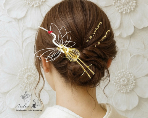 人気 鶴水引 金箔シート付き 卒業式 結婚式 成人式 ヘッドパーツ 髪