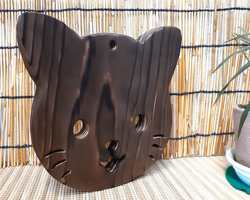 にゃんこ鍋敷き 猫 猫顔 木製鍋敷き なべしき 焼杉 無塗装 その他