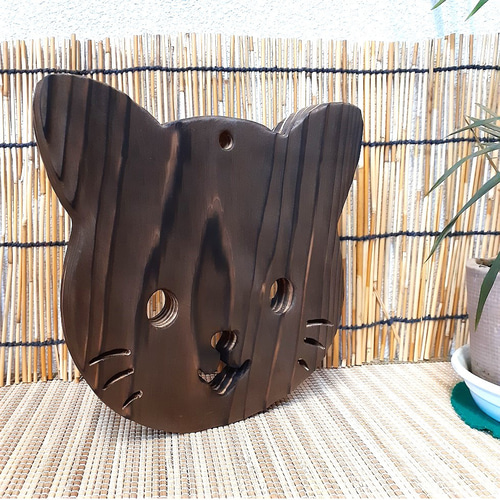 にゃんこ鍋敷き 猫 猫顔 木製鍋敷き なべしき 焼杉 無塗装 その他