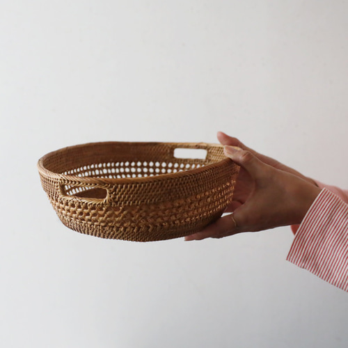 再制作 伝統工芸アタ細工 パン バスケット 野菜かご持ち手付キッチン