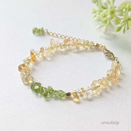 ペリドット　シトリン　テラヘルツゴールドブレスレット☆期間気まぐれ20％割引☆ シトリン・ペリドットの華奢なさざれブレスレット/ ハニーシロップ *8