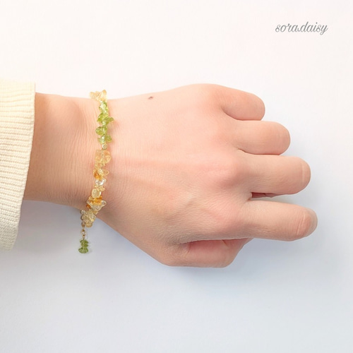 ペリドット　シトリン　テラヘルツゴールドブレスレット☆期間気まぐれ20％割引☆ シトリン・ペリドットの華奢なさざれブレスレット/ ハニーシロップ *8