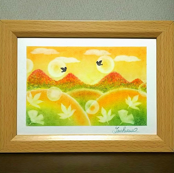 秋のパステルアート　紅葉山の夕暮れ　パステル画原画 1枚目の画像