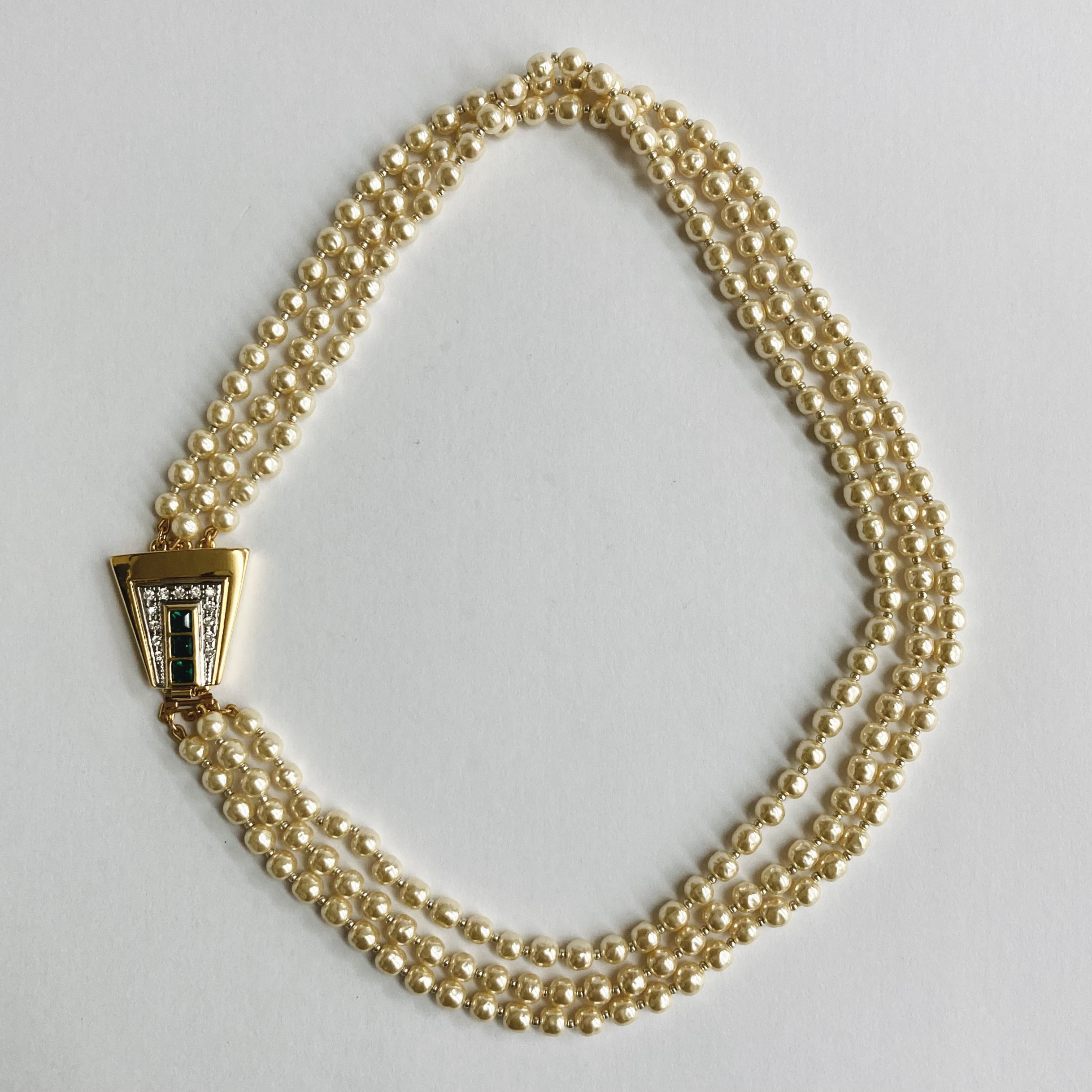 ガラスバロックパール3連ネックレスSG/ブライトクリーム/スクエア・グリーン/G/made in japan