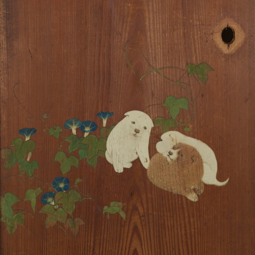 朝顔に洋犬親子図】秋香 2701 掛け軸 肉筆 朝顔に洋犬親子図】秋香