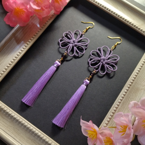 【1178】タッセルピアス／イヤリング 八重菊結びとタッセルのピアス(イヤリング)（薄紫）【チャイナ【中華
