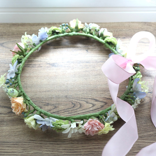 花冠 バラ くすみカラー ウェディング ピンクリボン 結婚式 大人
