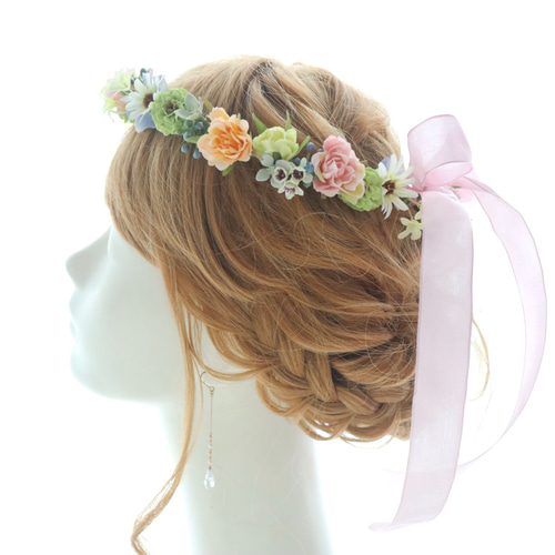 花冠＊くすみピンクのバラとリボンの花かんむり＊大人可愛い