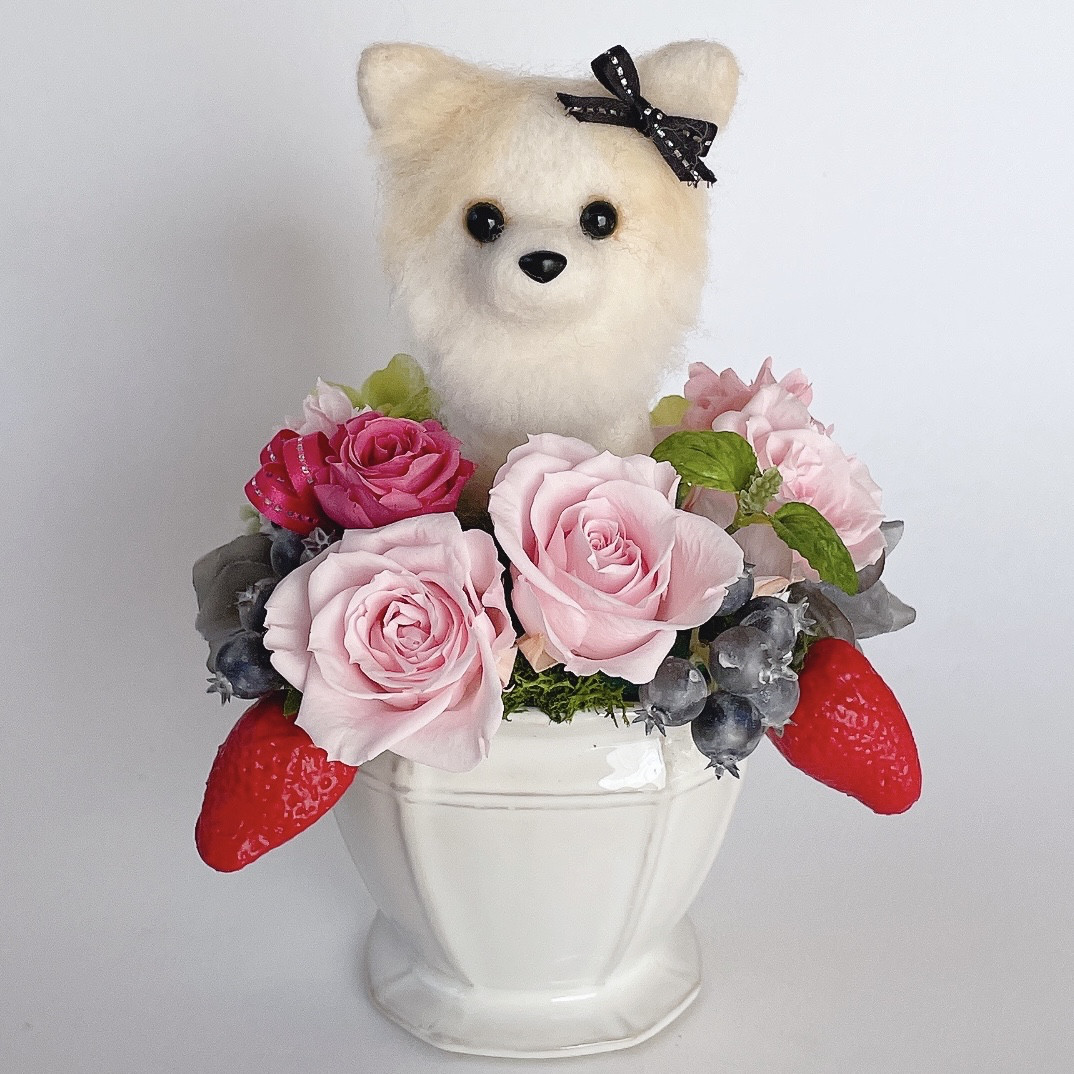ロングコートチワワ（クリーム）といちごのプリザーブドフラワーアレンジメント　犬　母の日