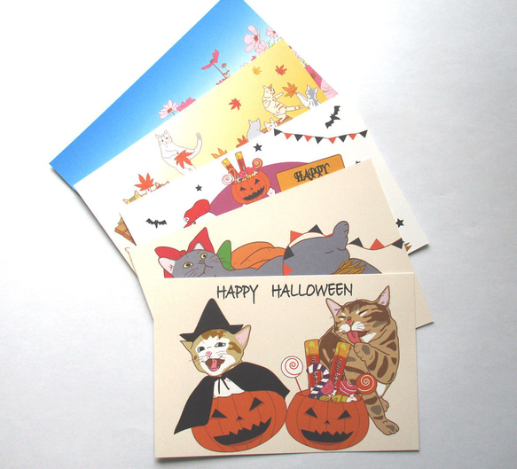 ハロウィンと秋っぽいポストカードセット（とりっくおあとり～と？） 5枚目の画像