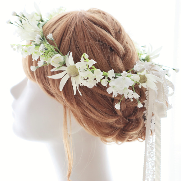 花冠　花かんむり　かすみ草　白　ホワイト　挙式用　ナチュラル　ウェディング　結婚式　髪飾り　ガーデンウェディング 1枚目の画像