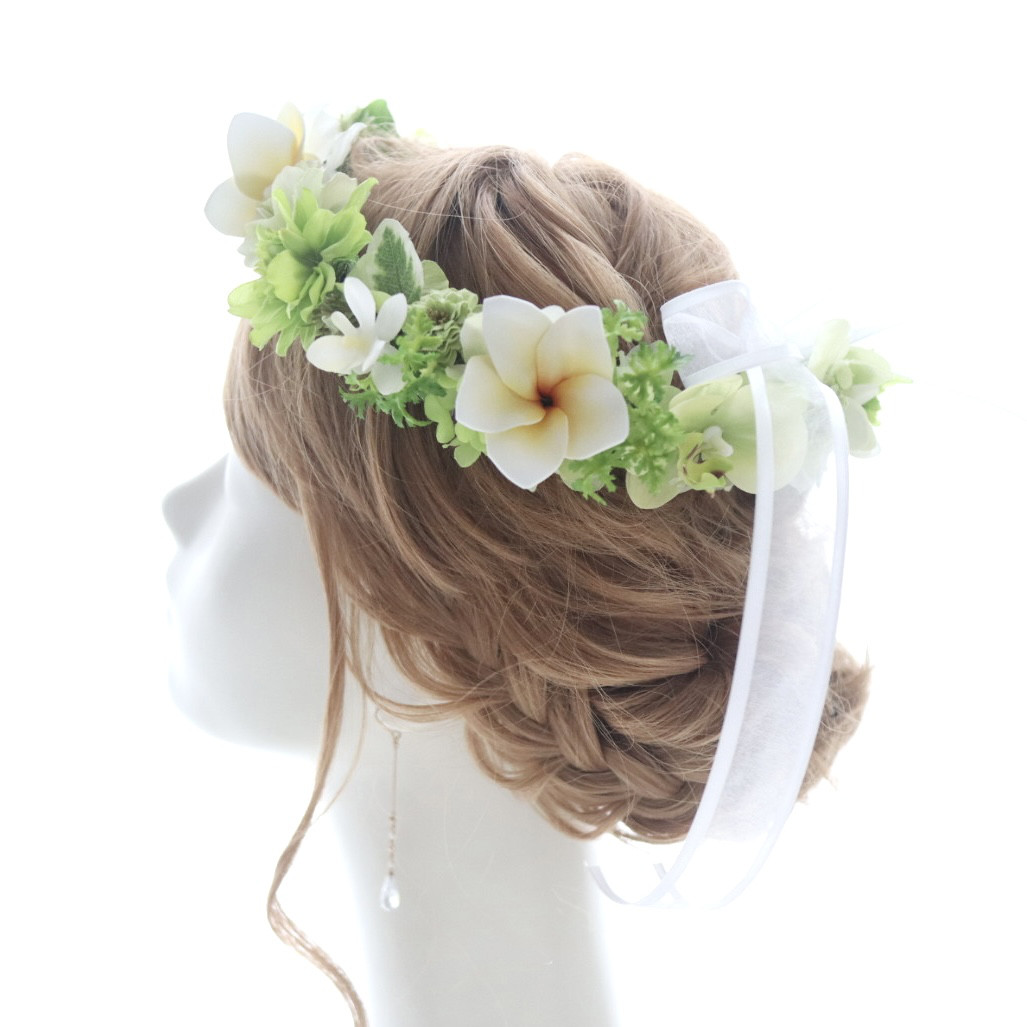 花冠＊プルメリアとグリーンが爽やかに映えるリゾートウェディングや海外挙式におすすめの花かんむり