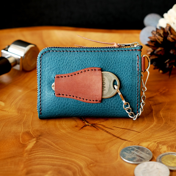鍵も仕舞える小さい財布（チョコミント）コンパクトキーケースパスケース定期入れメンズレディースプレゼントレザーバレンタイン 1枚目の画像