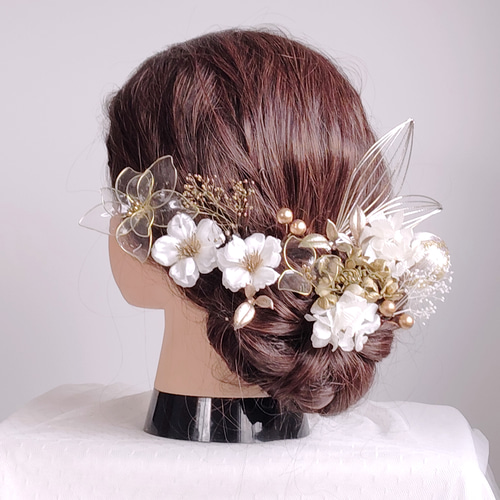 林檎の花とアメリカンフラワーの髪飾り クリアフラワー ディップ