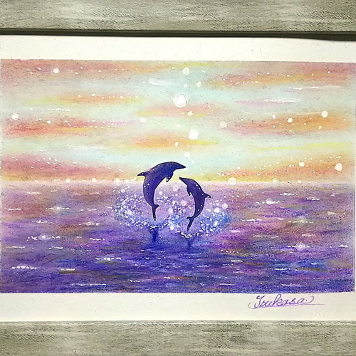 海とイルカのパステルアート 彩の朝 パステル画原画 絵画 T's